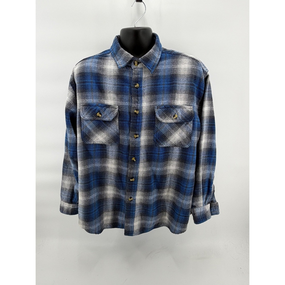 Sports Afield Flannel Shirt Mens XL Blue Grey Plaid Cotton Long Sleeve Button Up